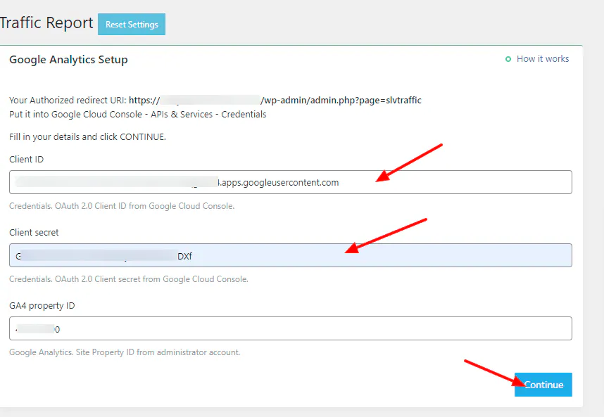 Image showing where to paste Google Analytics credentials on a Sellvia website