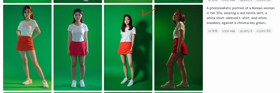 여자는 녹색 스크린에 다른 포즈로 표시됩니다.