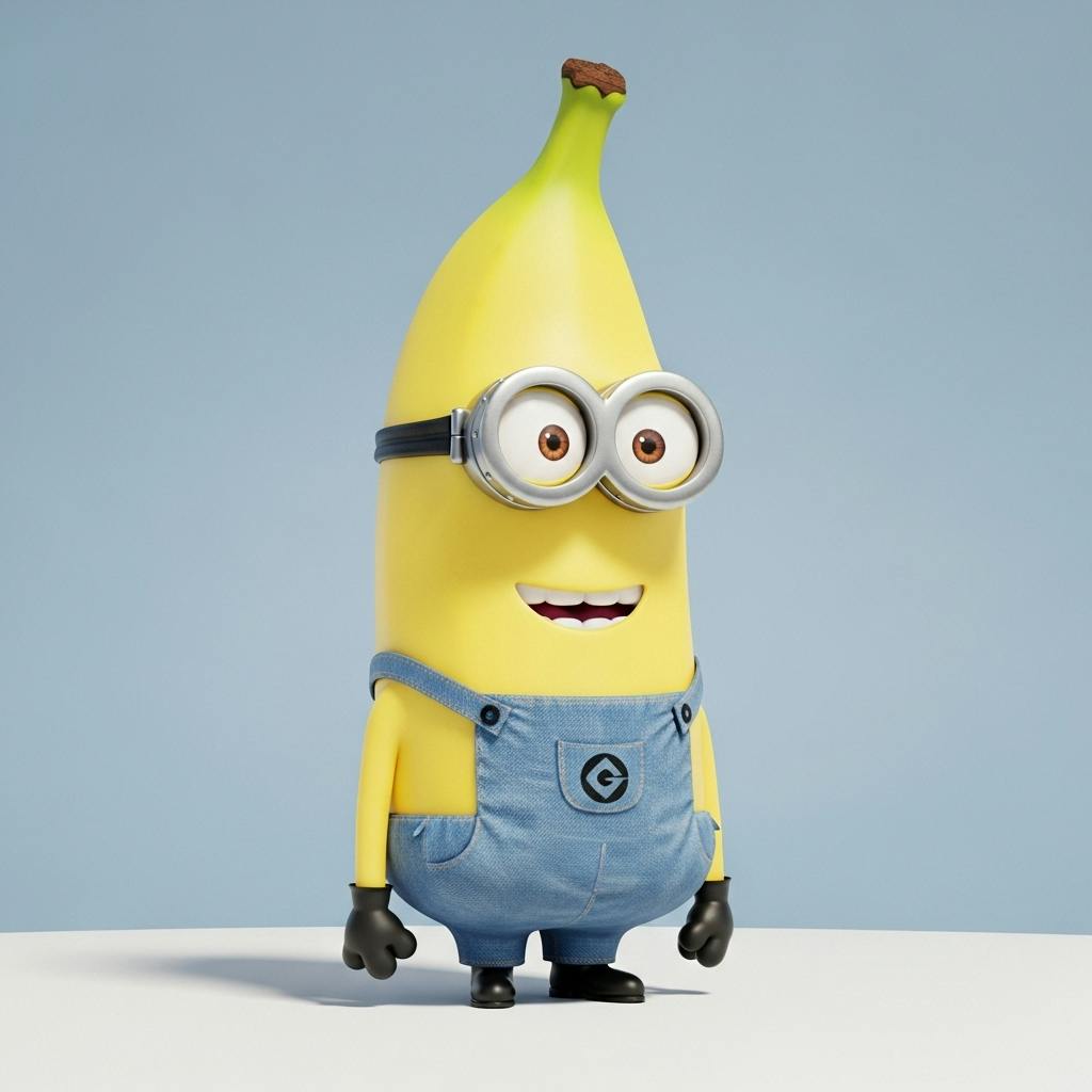 바지의 미니언이 파란색 배경 옆에 서 있습니다.
