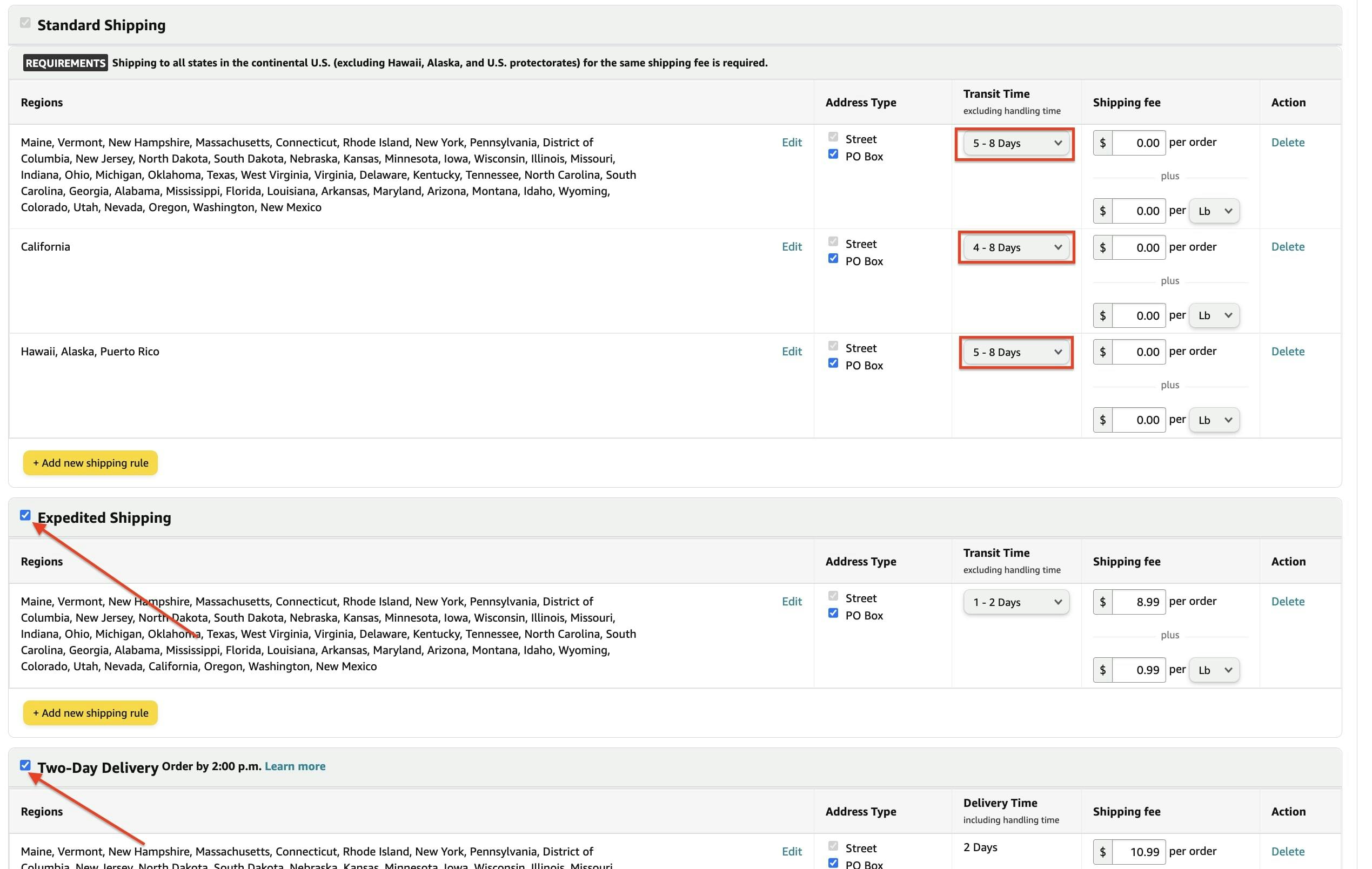 picture showing the process of configuring Sellvia shipping settings on Amazon