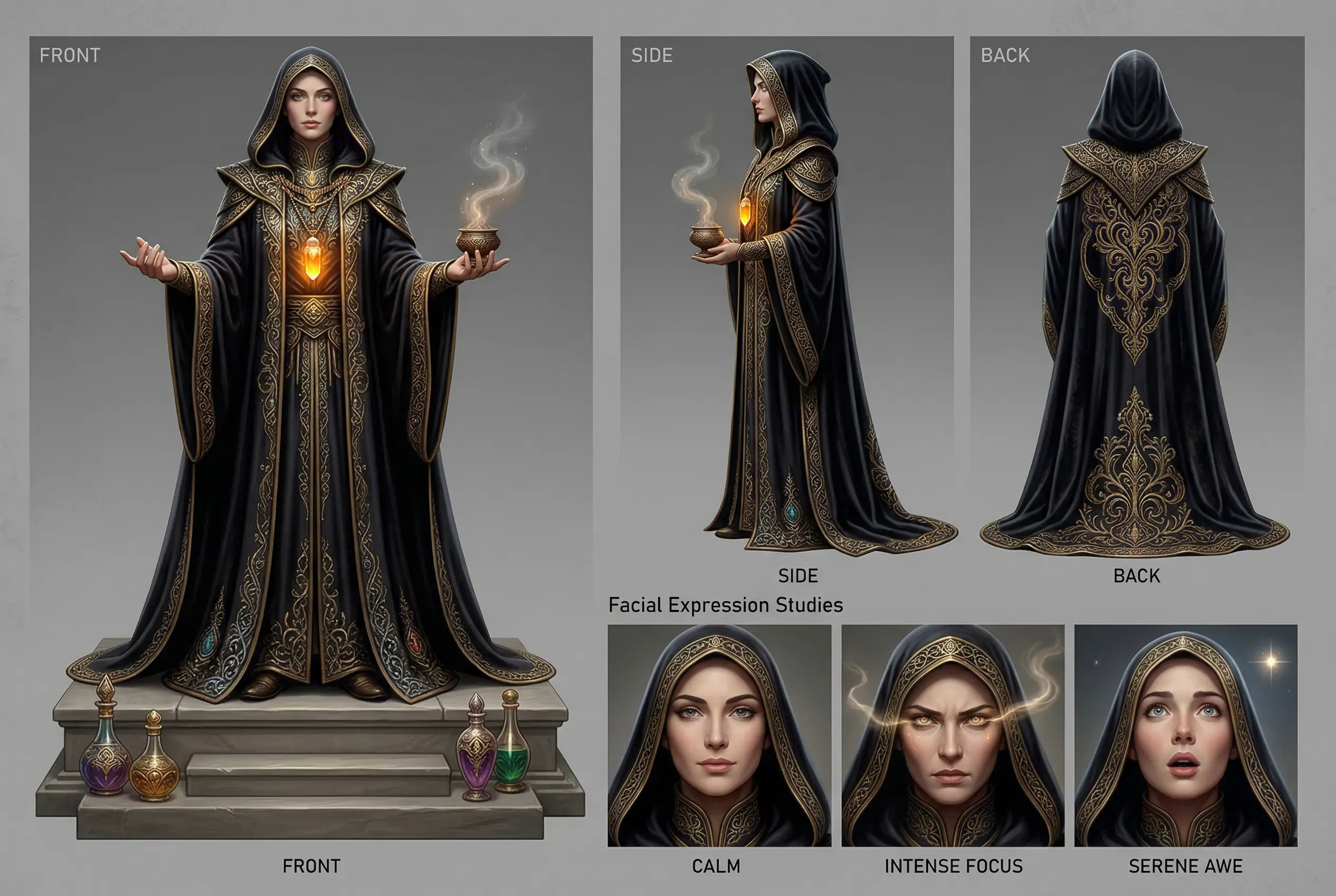 검은 옷을 입은 여자가 손에 촛불을 들고 있다