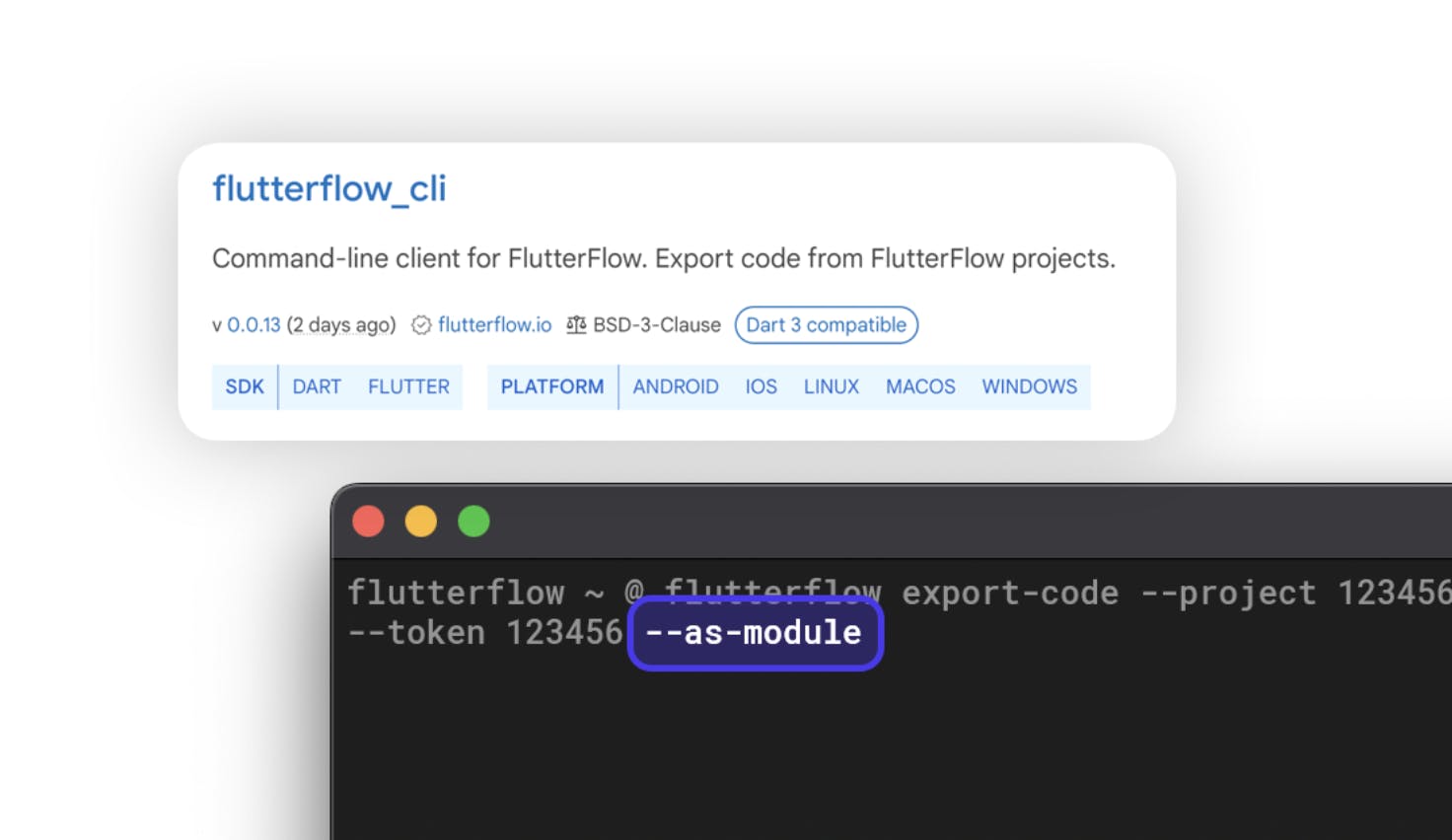 FlutterFlow CLI showcasing new "Export as Module" feature