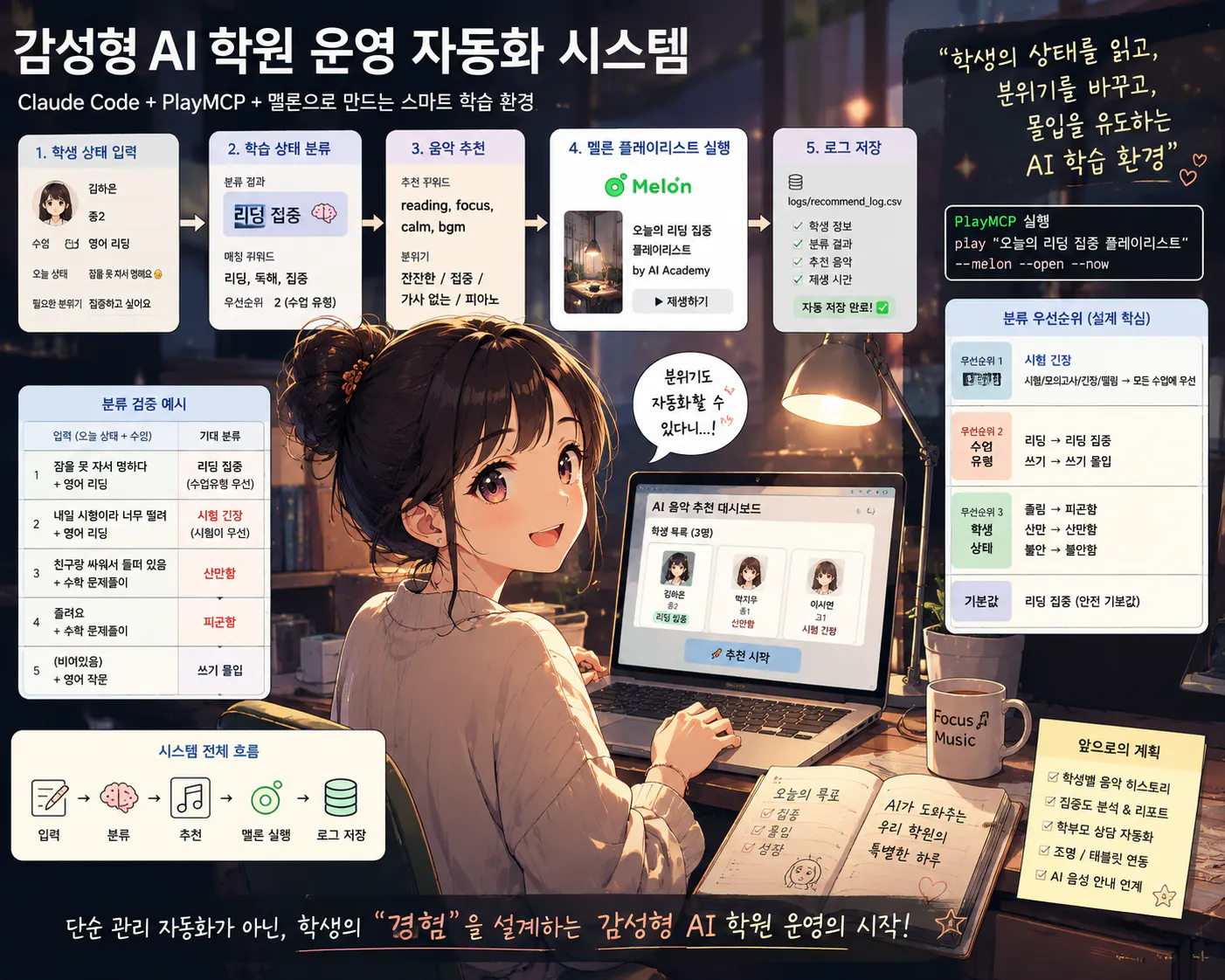 한 소녀가 노트북을 앞에 두고 책상에 앉아 있다