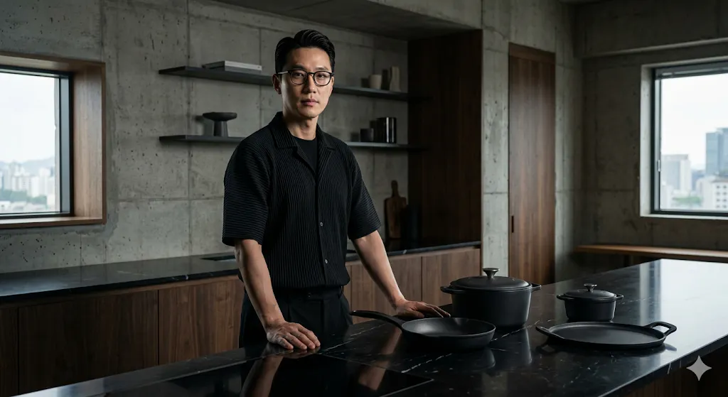 냄비와 프라이팬을 들고 부엌  앞에 서있는 남자