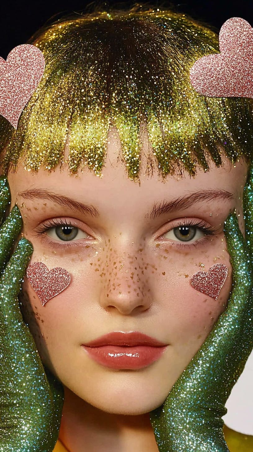 그녀의 얼굴에 녹색 장갑과 하트를 가진 여자