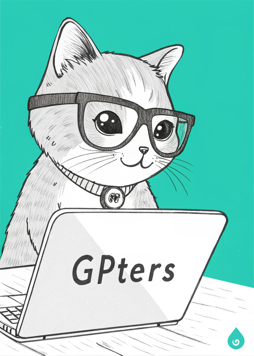 안경을 쓰고있는 고양이는 gpters라는 단어가 달린 노트북을 사용하고 있습니다.