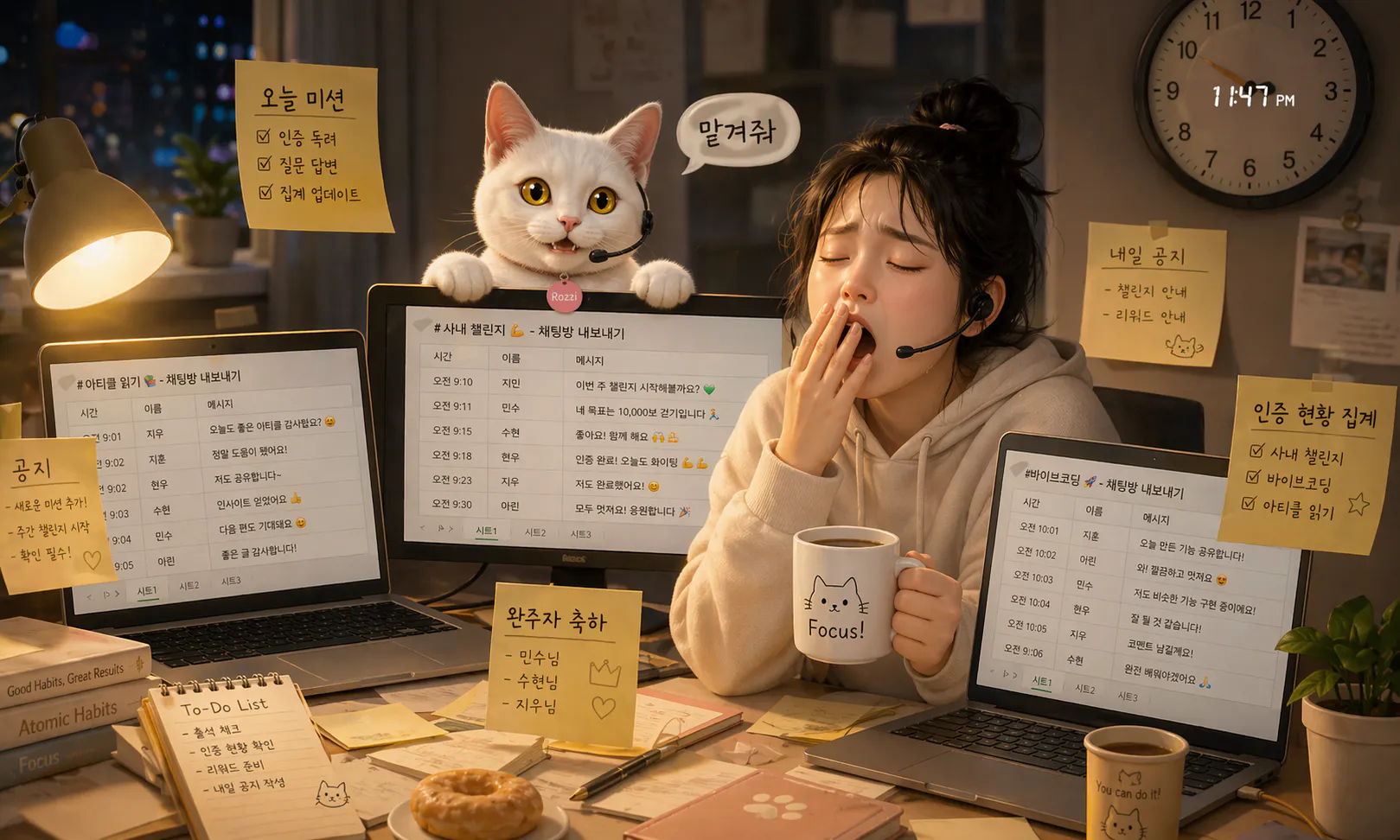 무릎 위에 고양이를 안고 책상에 앉아 있는 소녀