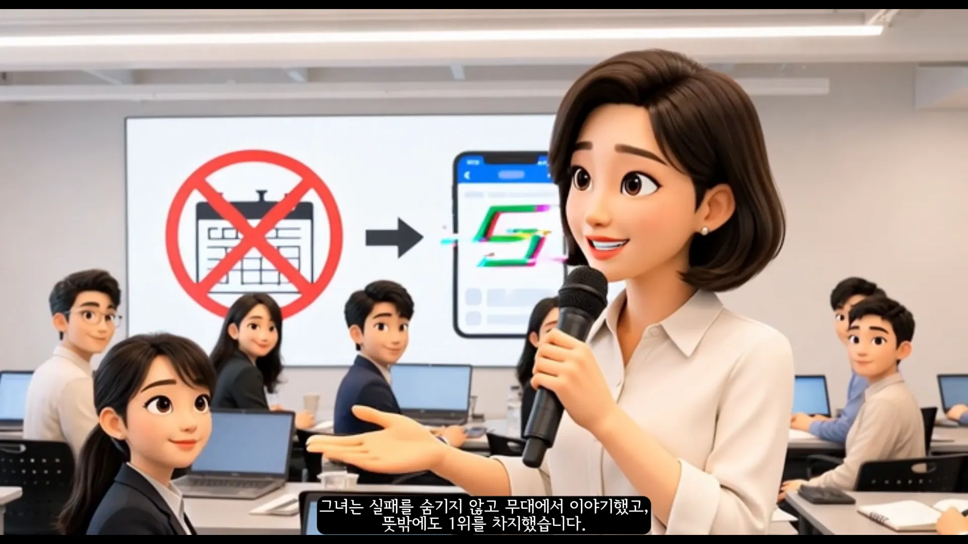 만화 속 여자가 마이크 앞에서 한 무리의 사람들에게 말하고 있다