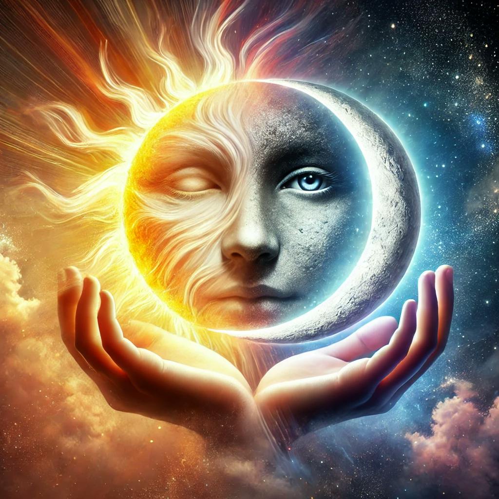 여자의 손에 태양과 달