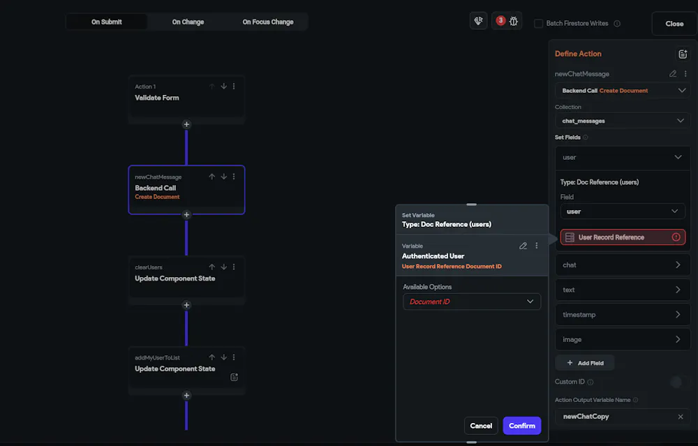 In backend call: create document - user record reference document id ...