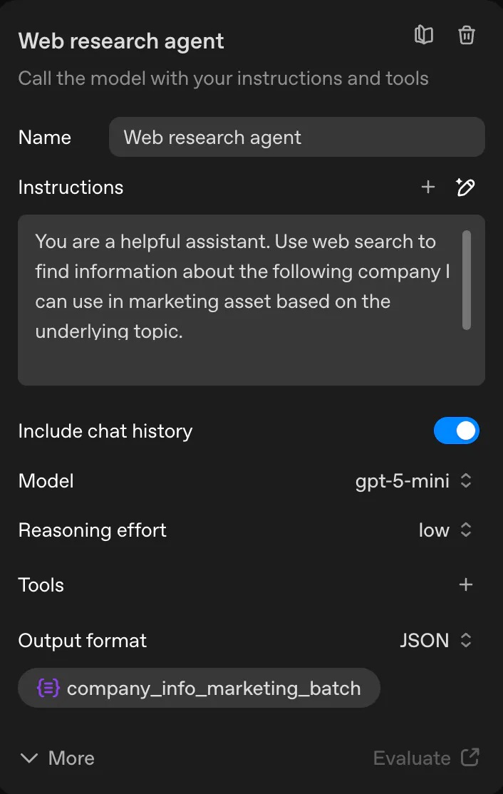 웹 조사 에이전트의 스크린샷