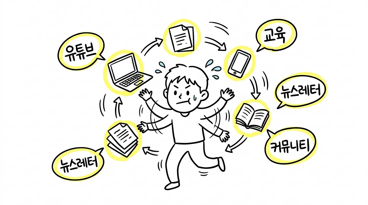 한국어 단어를 가지고 뛰어다니는 소년의 만화
