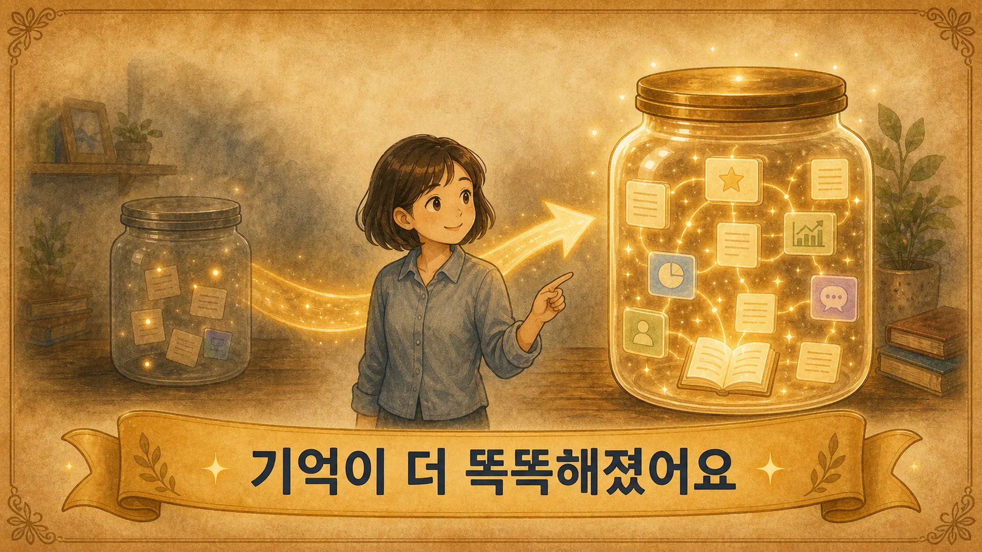 한 소녀가 책이 가득한 항아리를 가리키고 있다