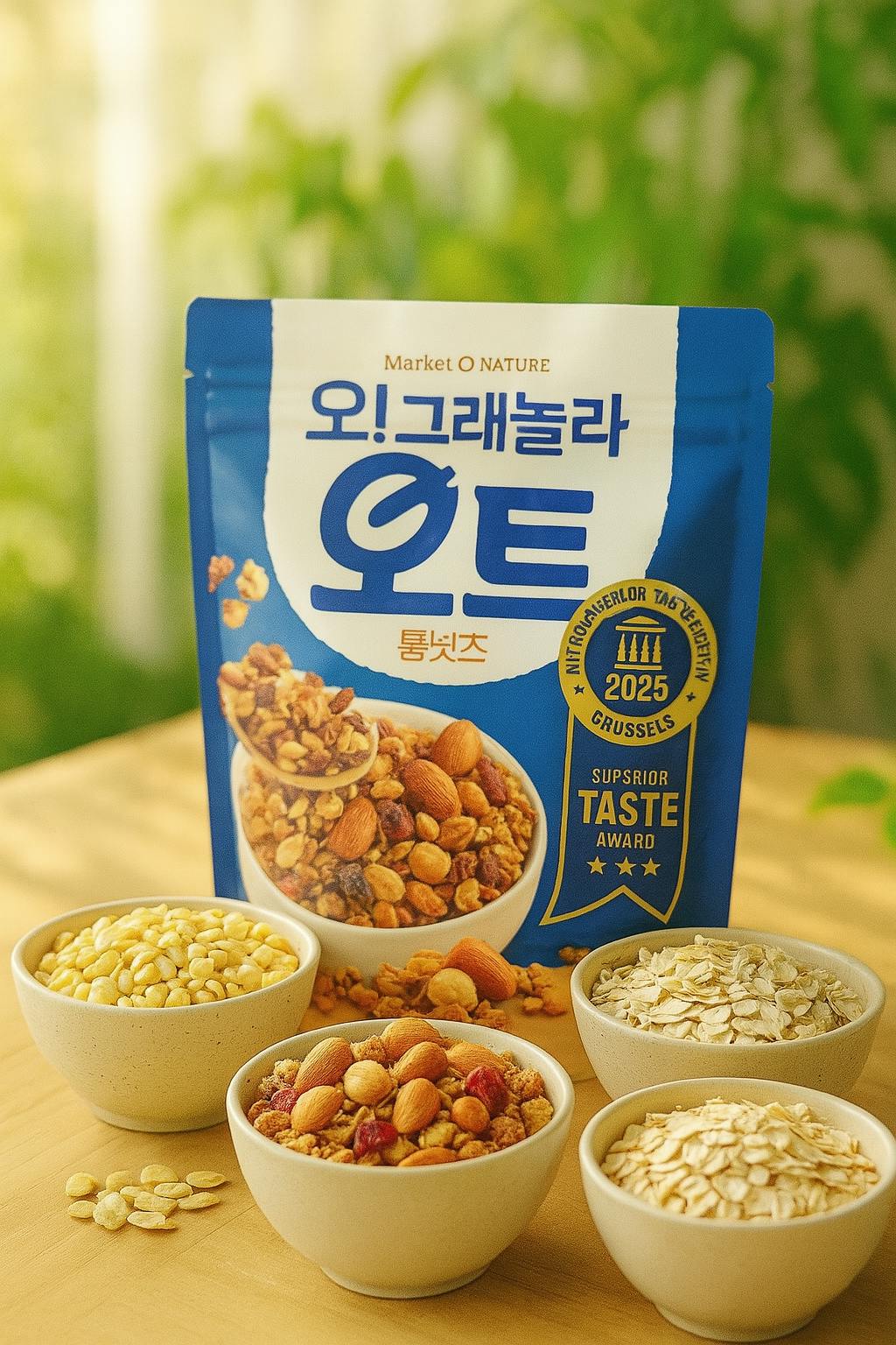 테이블에 그릇에 한국 귀리 한 봉지