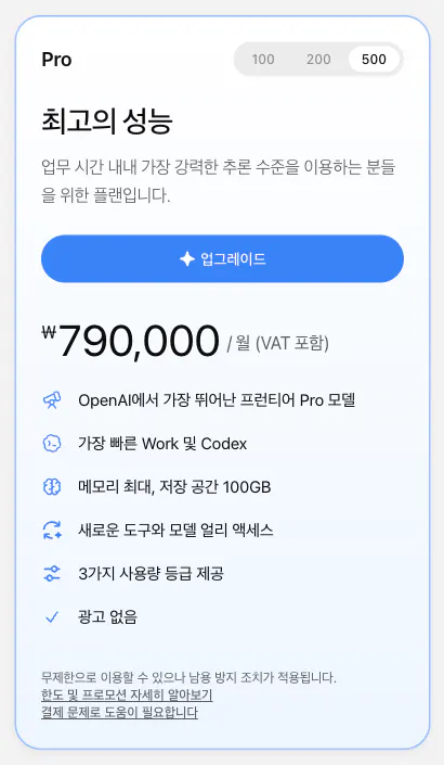 챗GPT 요금제 화면의 GPT Pro 카드. 100, 200, 500 중 500이 선택돼 있고 월 790,000원(VAT 포함), 가장 빠른 Work 및 Codex 문구가 보인다