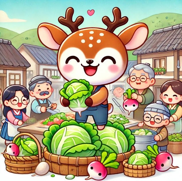 야채 바구니를 들고 있는 사슴의 만화 이미지