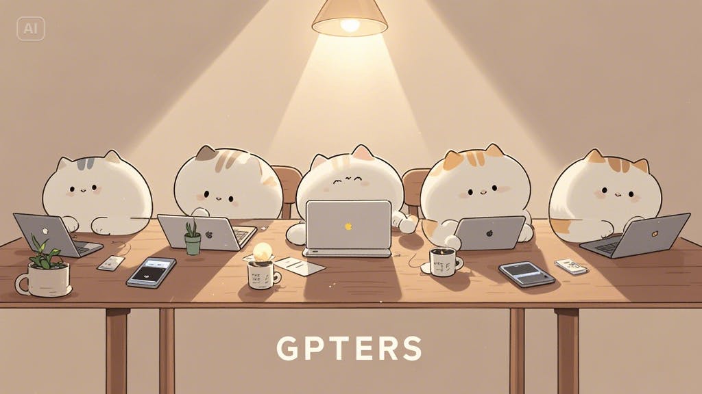 노트북을 들고 테이블 주위에 앉아 있는 고양이 무리