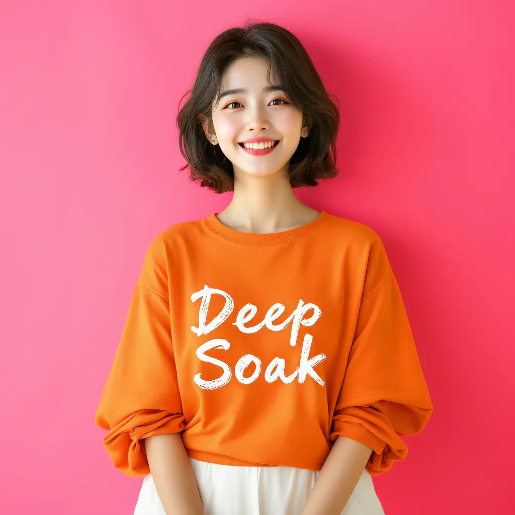 Deep Sock이라는 단어가 적힌 주황색 스웨트셔츠를 입은 여성