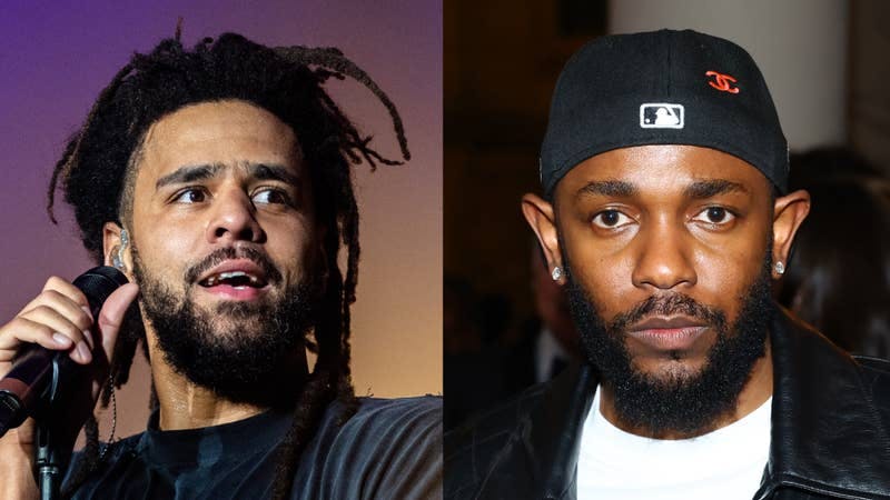 Split image of J. Cole performing on stage and Kendrick Lamar wearing a black cap