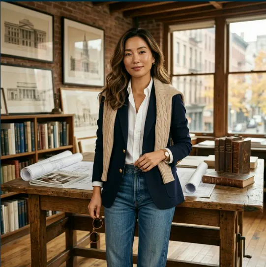 청바지와 블레이저를 입은 여성이 책장 앞에 서 있다