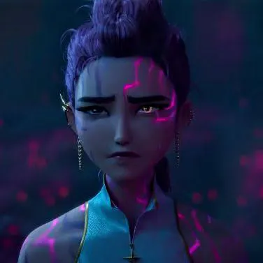 보라색 머리가 어둠 속에 서있는 소녀