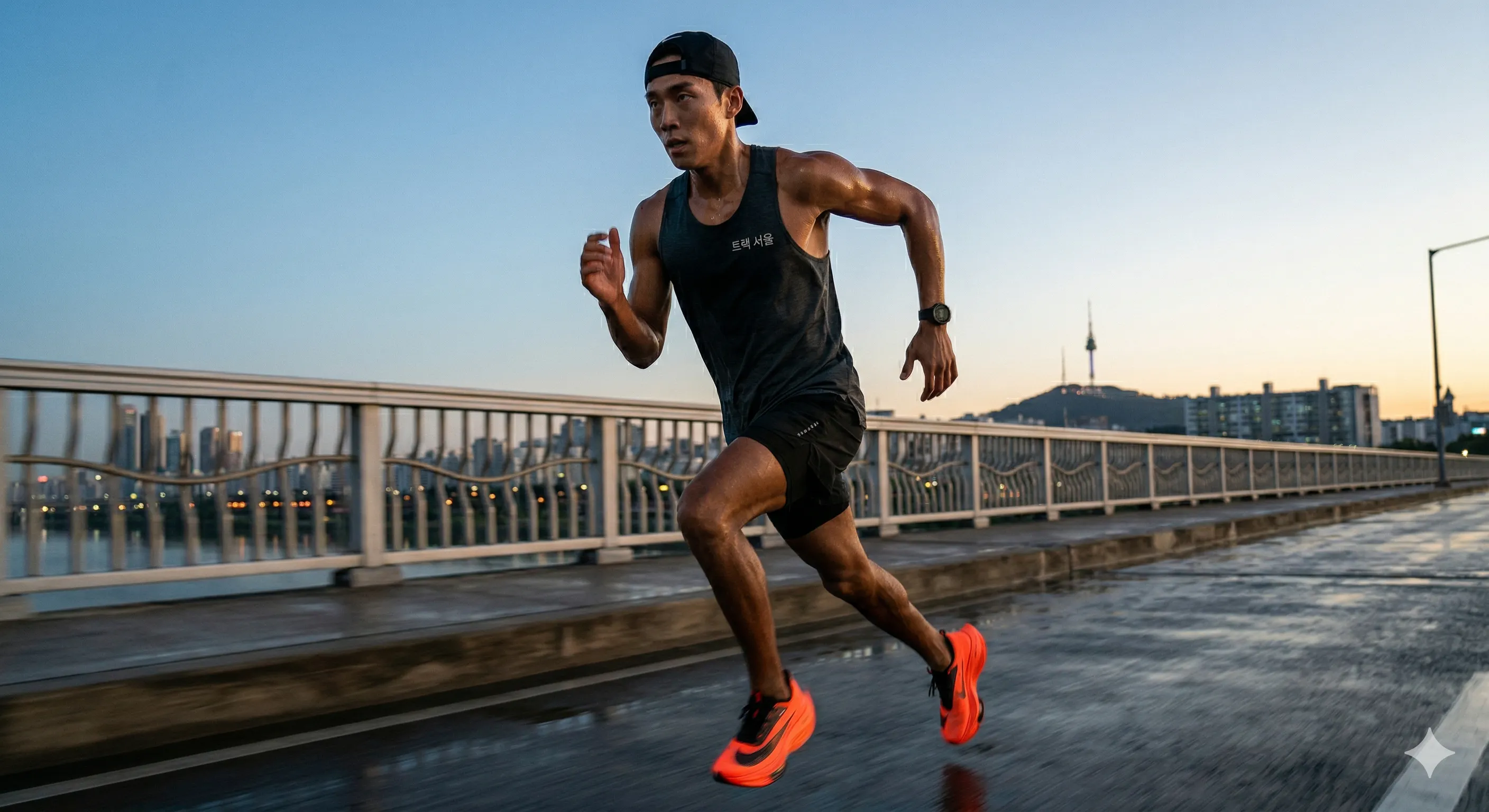 한 남자가 해질녘에 다리 위를 달리고 있다