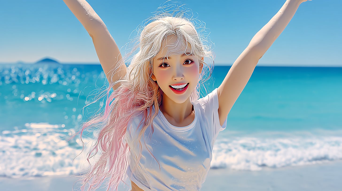 해변에 분홍색 머리카락을 가진 소녀
