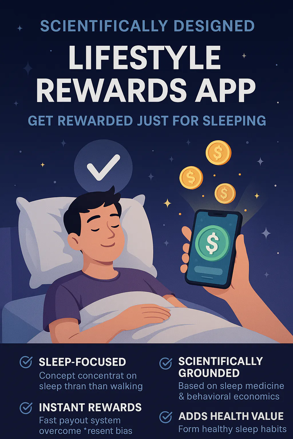 단어 'Lifestyle Rewards App'을 가진 침대에서 남자