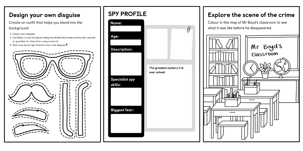 Preview of the three activity sheets: a cut-out disguise, a 'spy profile' character sheet, and a classroom scene to colour in