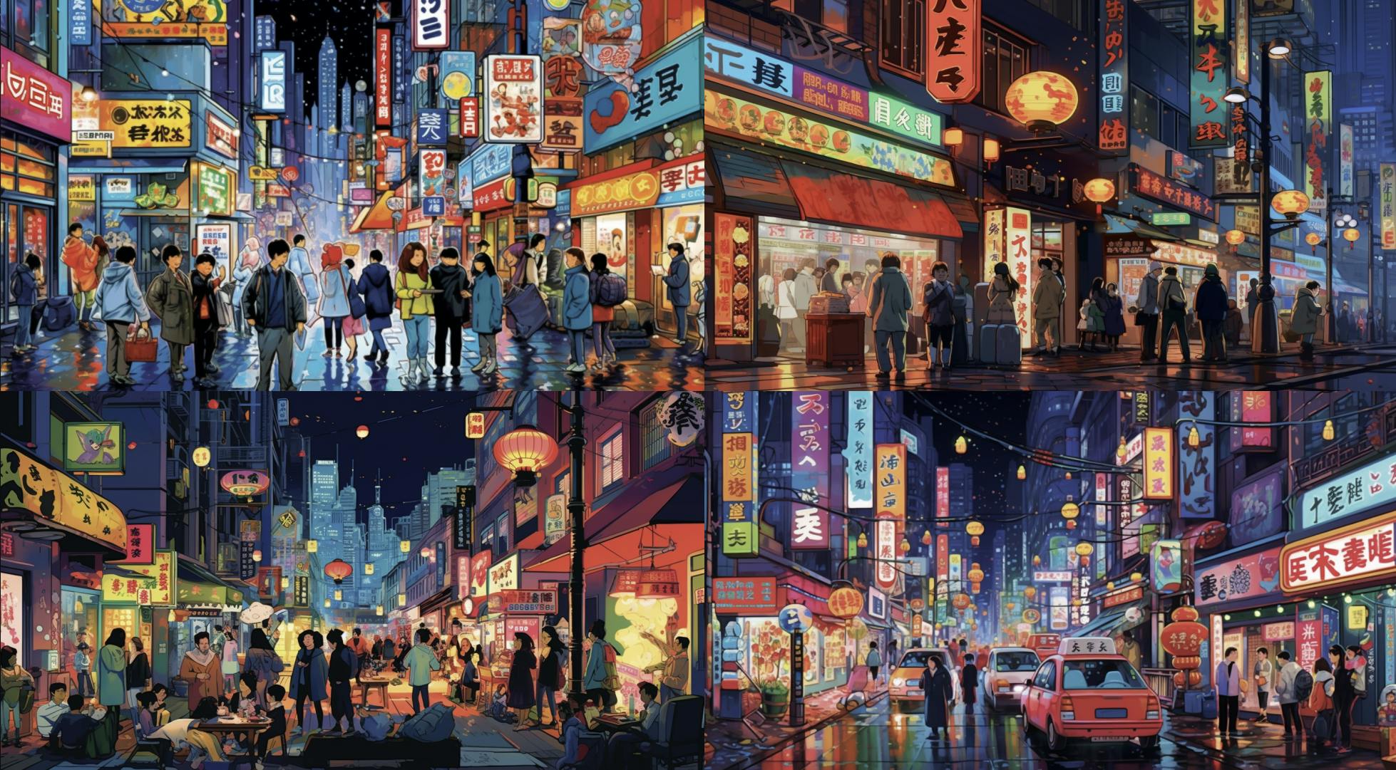 밤에 도시의 일련의 그림