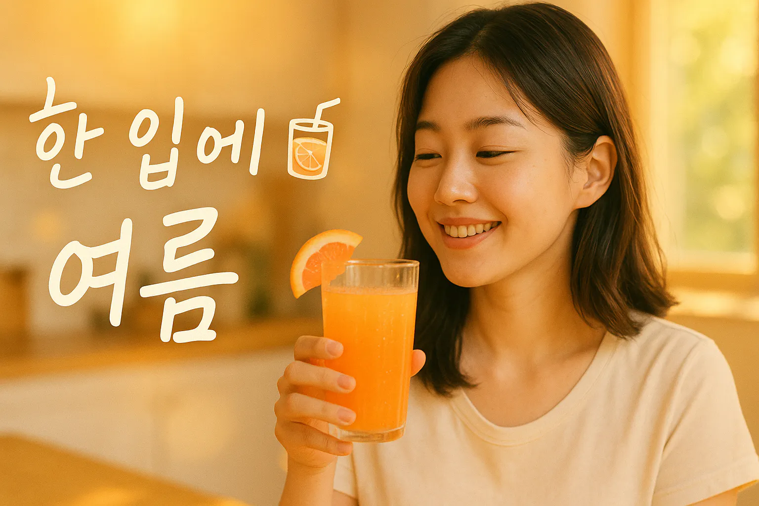 오렌지 주스 한 잔을 들고있는 한국 여성