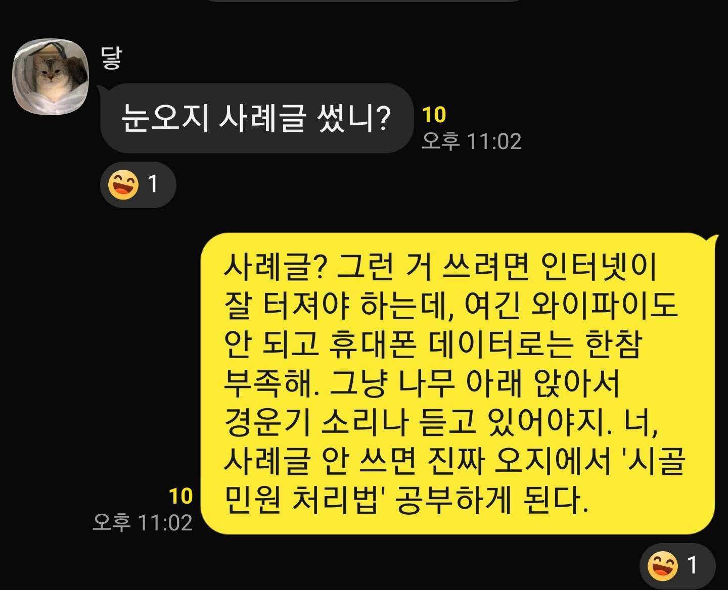 한국어 문자 메시지의 스크린 샷