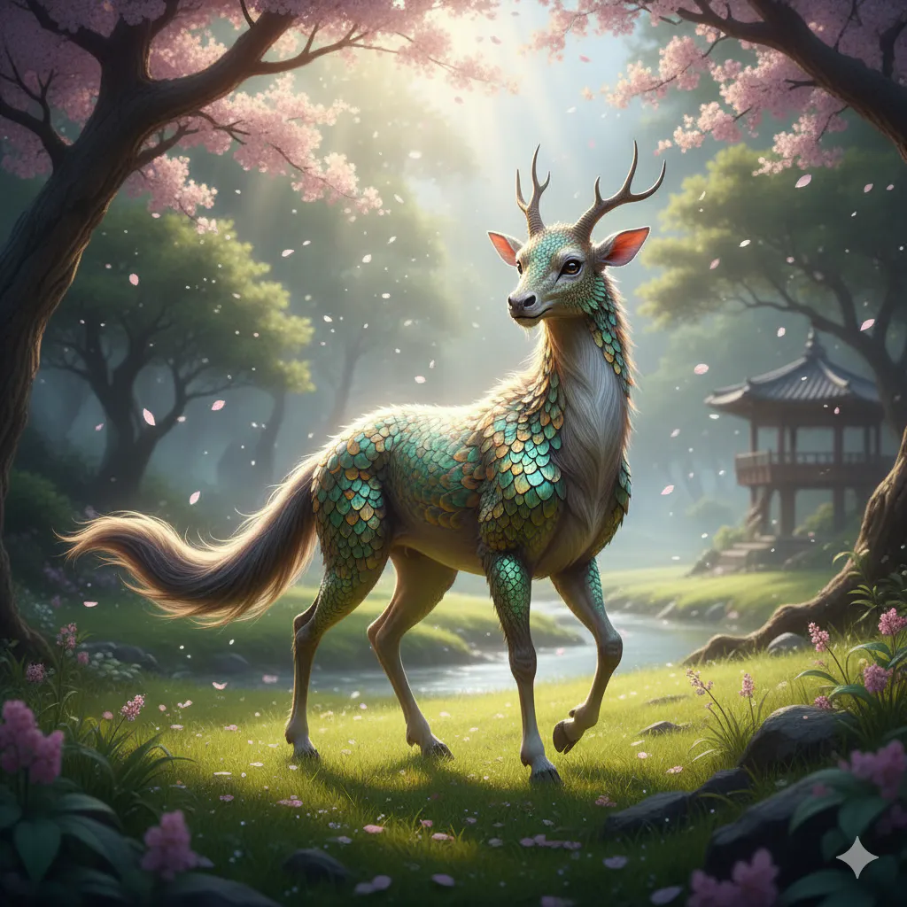 벚꽃이 만발한 숲에 사슴이 서 있다