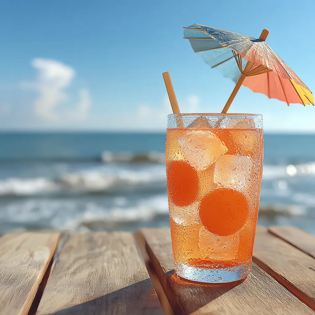 나무 테이블에 우산이있는 오렌지 음료