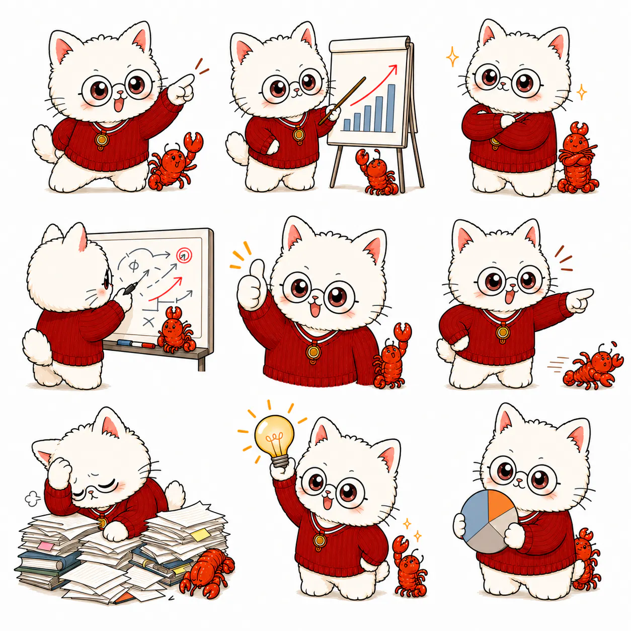다른 포즈의 흰 고양이 세트