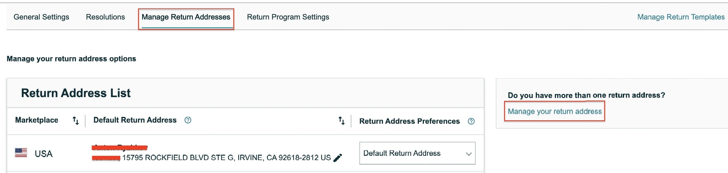 picture showing the steps on how to set the return address in your Amazon seller account