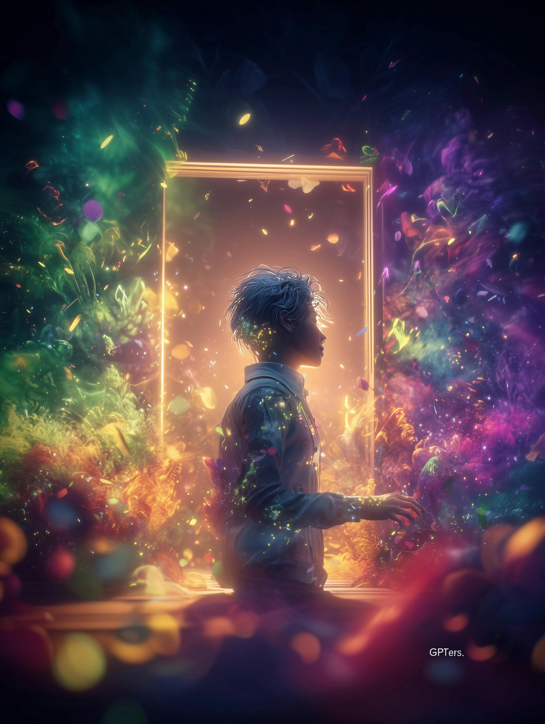 그를 둘러싼 다채로운 색종이가있는 출입구에 앉아있는 남자