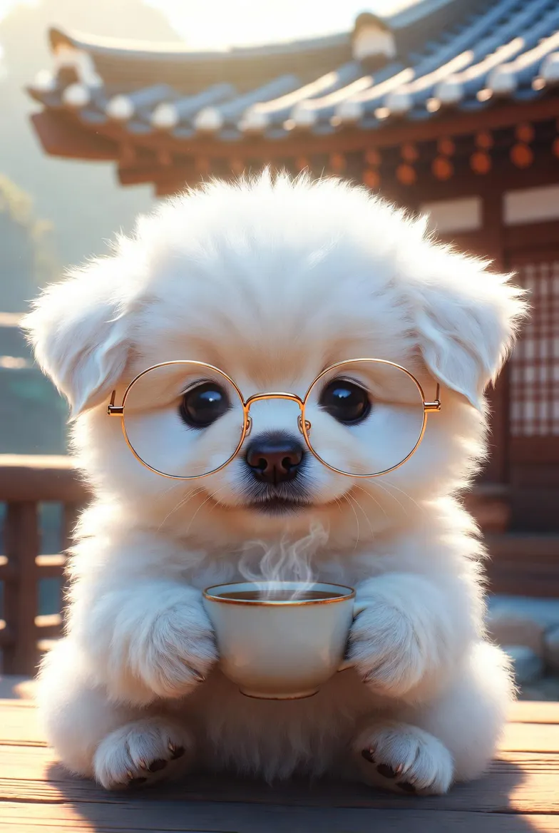 차 한 잔을 들고 안경을 쓴 흰 개