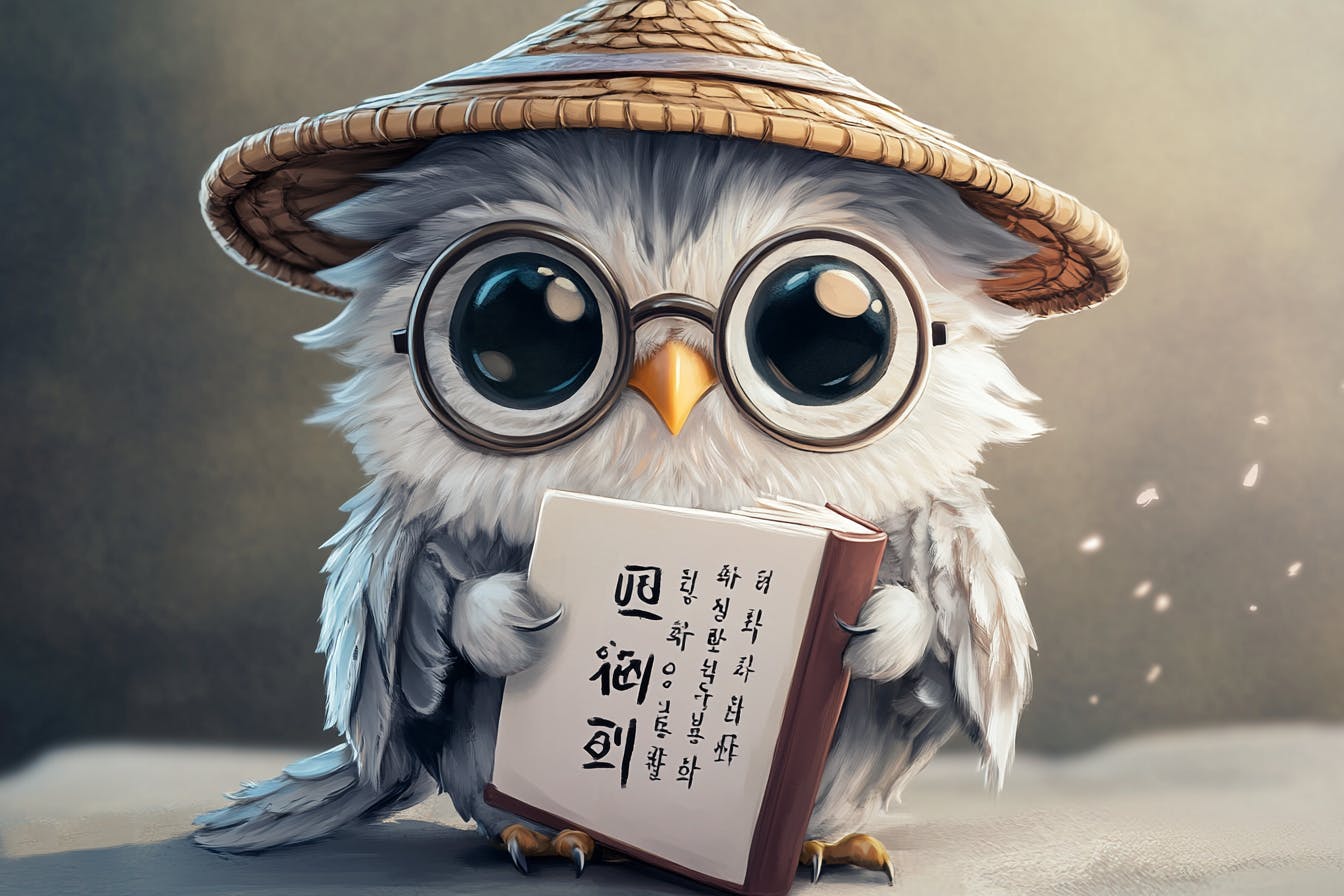 안경을 쓴 귀여운 올빼미와 책을 들고 있는 모자