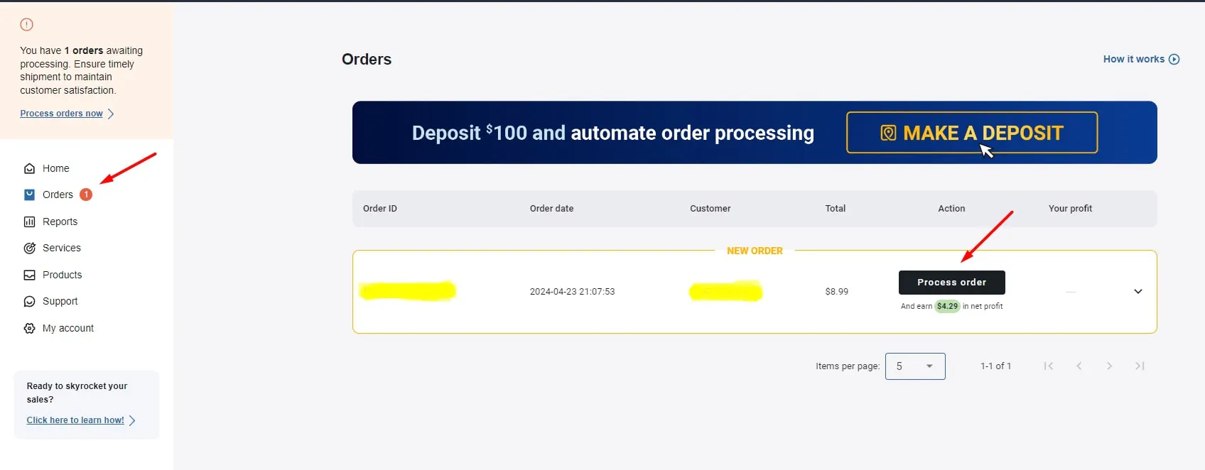 picture showing the steps to process orders in the Sellvia account