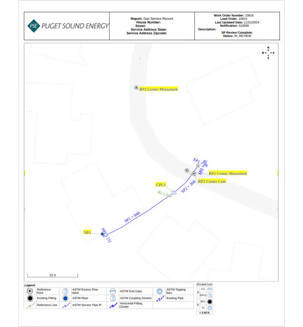 A digital as-built displaying the installation of a new gas service. Assets are coded so they can be found in the Bill of Materials on another page of the as-built.