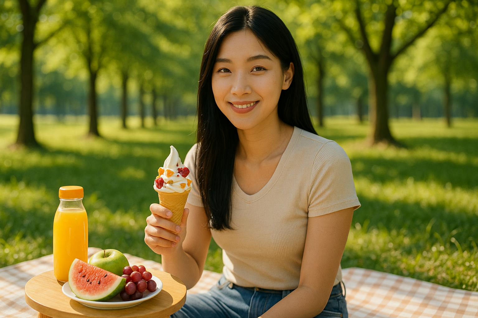 공원에서 아이스크림을 먹는 젊은 아시아 여자