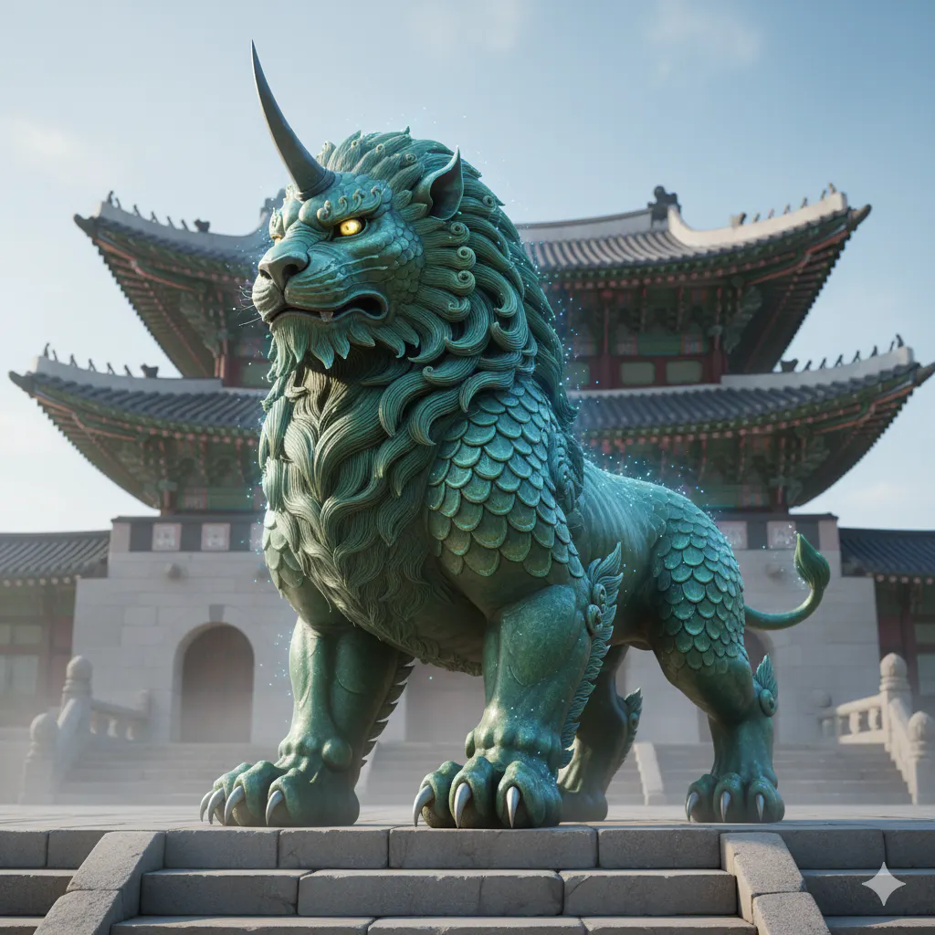 건물 앞에 녹색 사자 동상