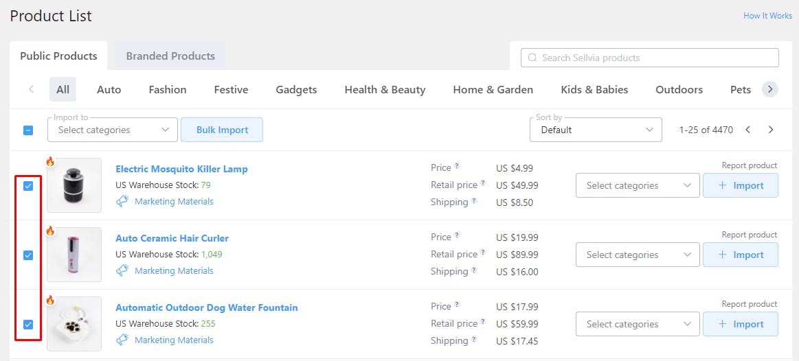 Image showing how to import products from the Sellvia catalog to your website in bulk