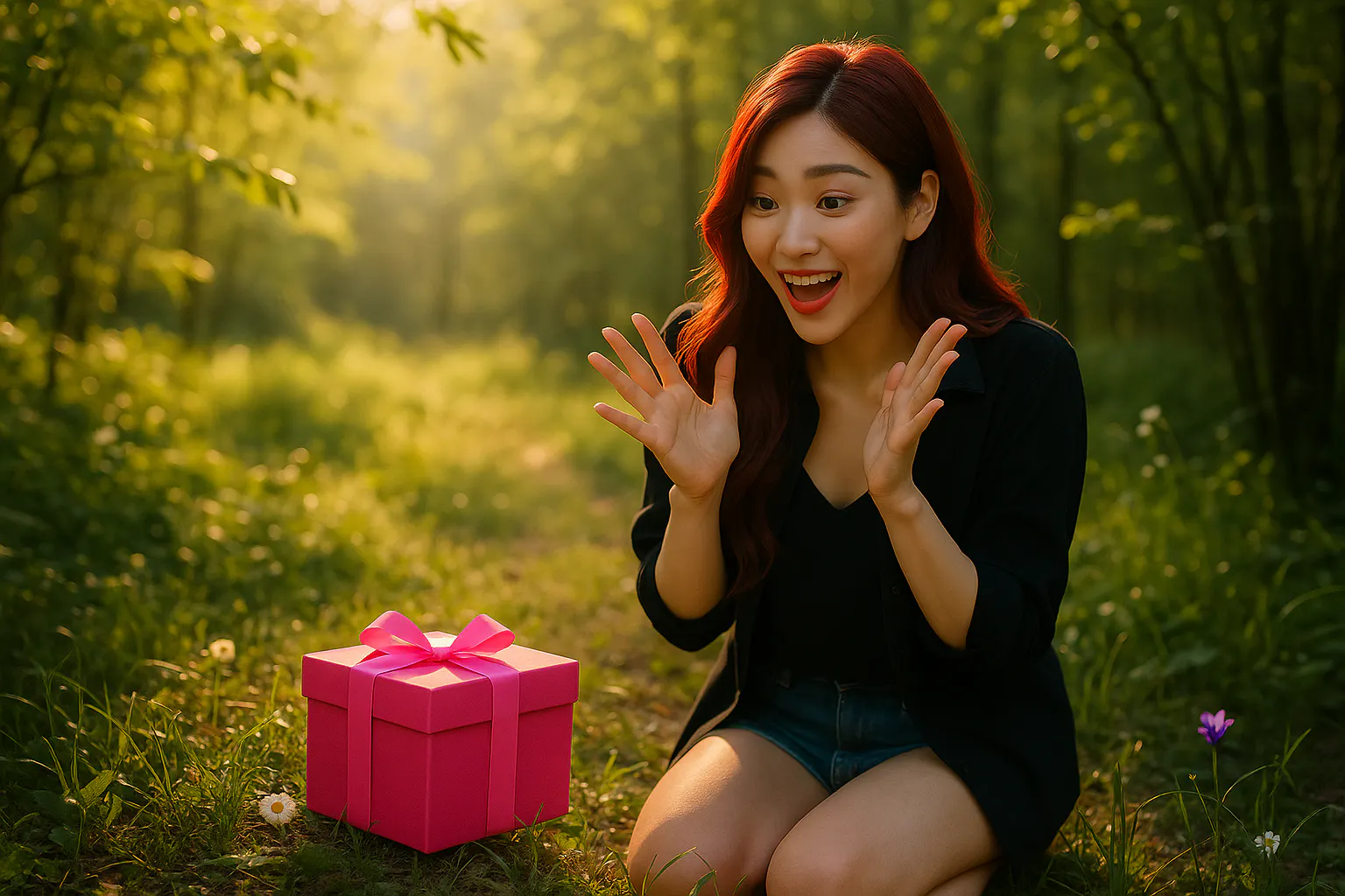 분홍색 선물 상자와 함께 숲에 앉아있는 소녀