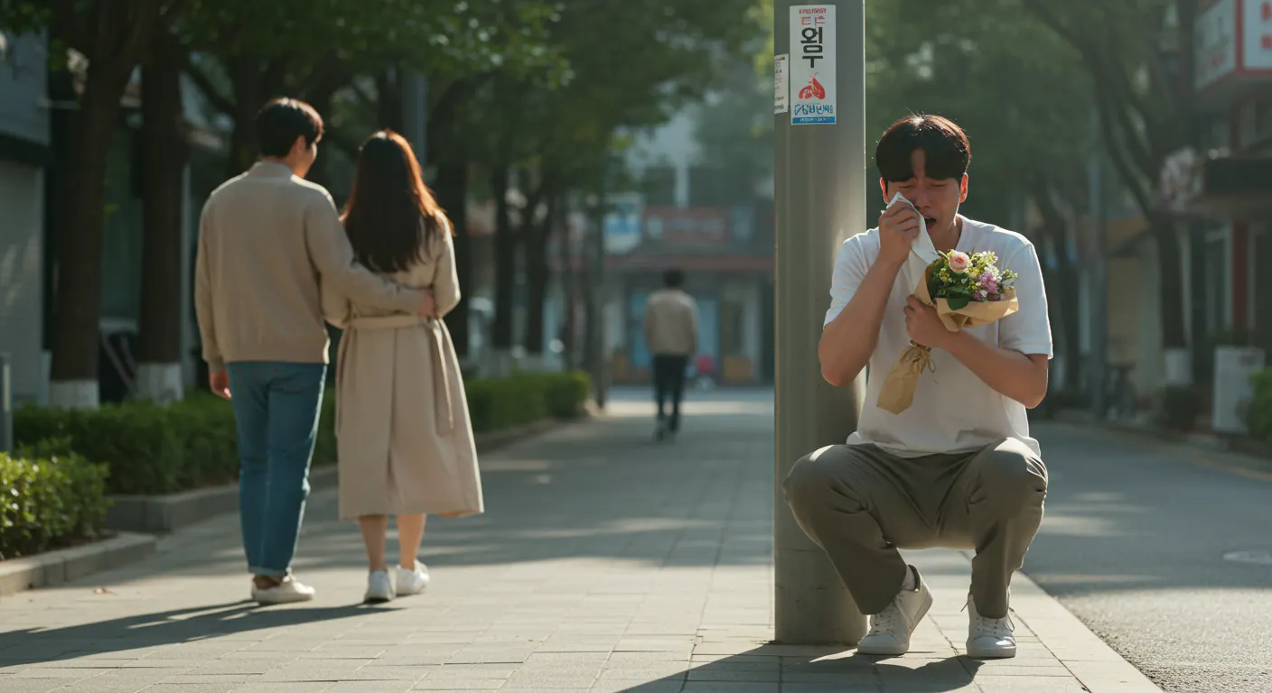 꽃 꽃다발로 보도에 무릎을 꿇고있는 남자