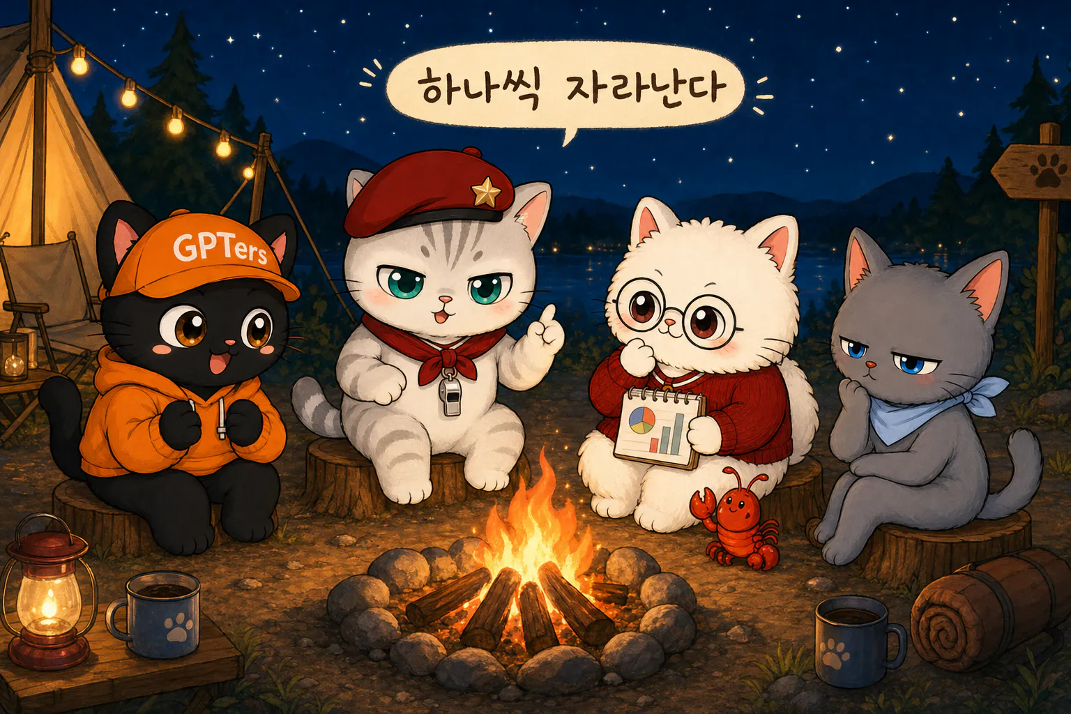 되나? 하나가 될 때마다 다음이 자라난다 — 네 마리 캠프파이어