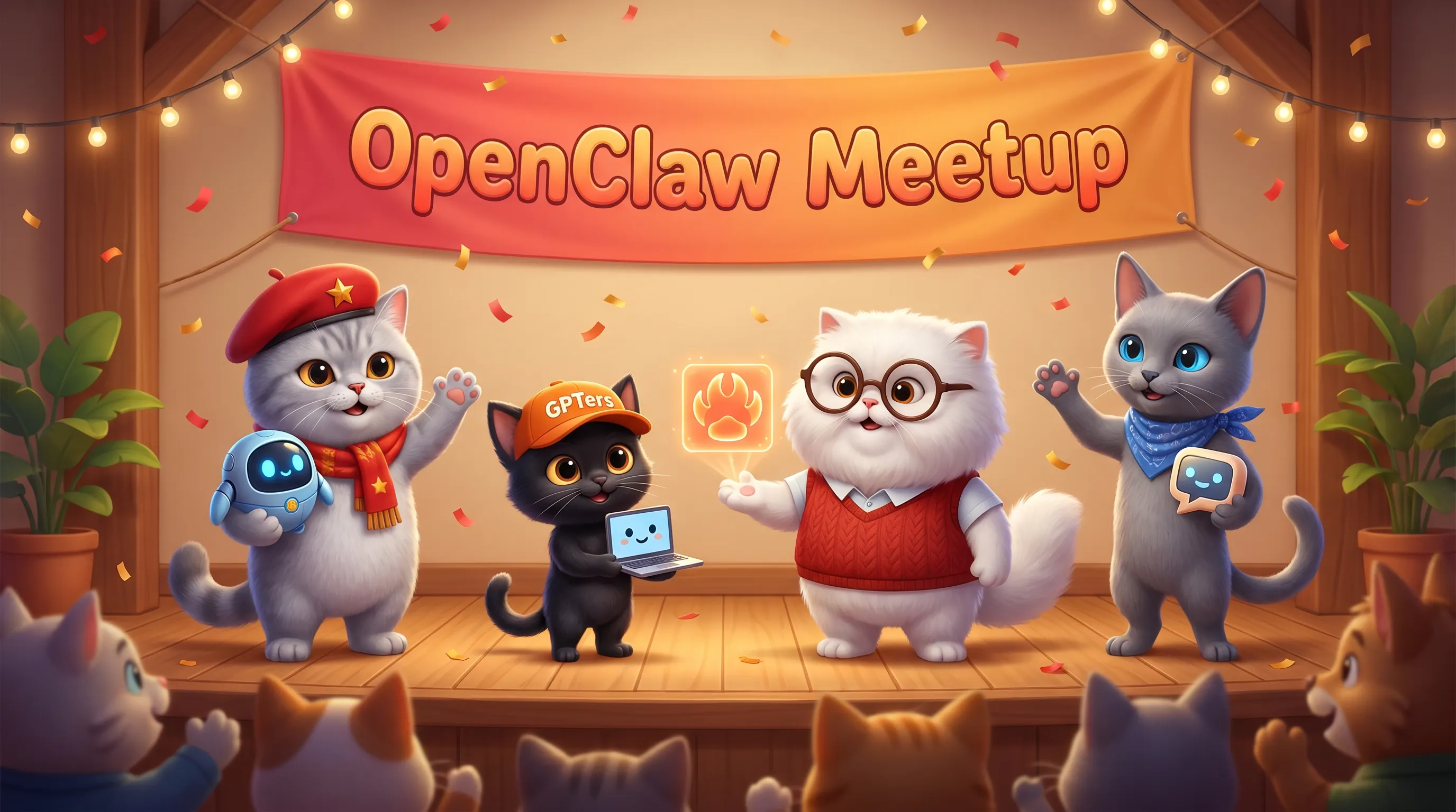 고양이 4마리가 OpenClaw 밋업 무대에서 각자 만든 봇을 자랑하는 모습