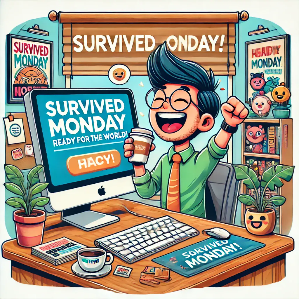 커피 한 잔으로 책상에 앉아있는 남자가 월요일에 살아 남았습니다.