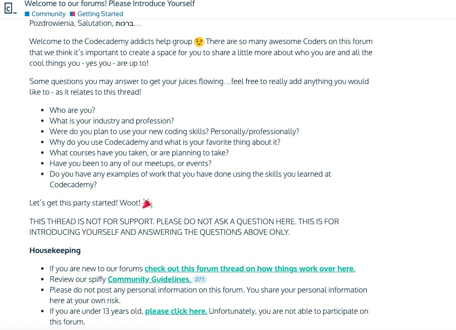Introduction thread on Codecademy
